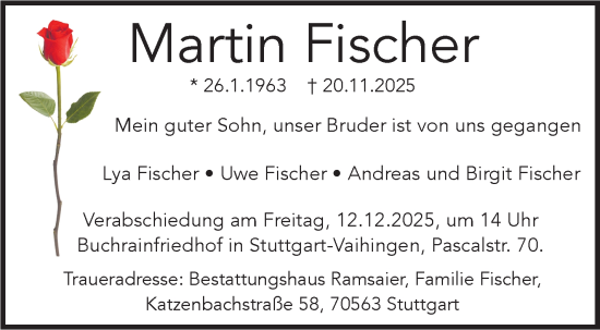 Traueranzeige von Martin Fischer von Stuttgarter Zeitung / Stuttgarter Nachrichten