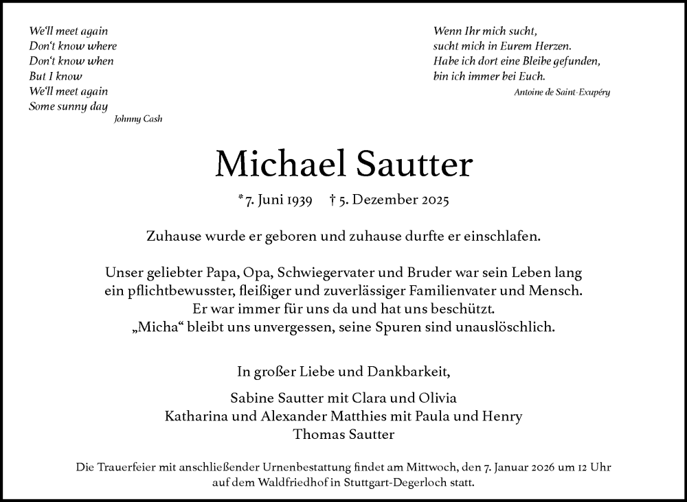  Traueranzeige für Michael Sautter vom 13.12.2025 aus Stuttgarter Zeitung / Stuttgarter Nachrichten