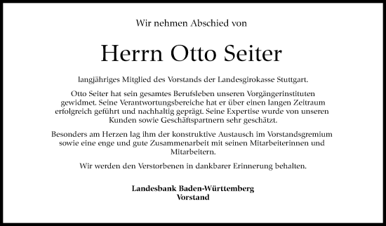 Traueranzeige von Otto Seiter von Stuttgarter Zeitung / Stuttgarter Nachrichten