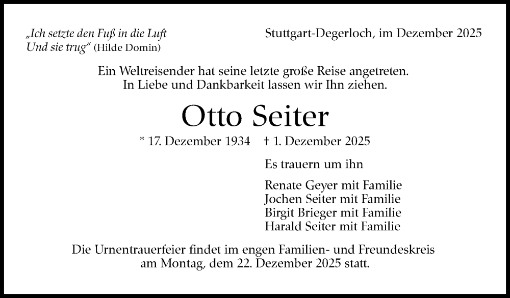  Traueranzeige für Otto Seiter vom 13.12.2025 aus Stuttgarter Zeitung / Stuttgarter Nachrichten