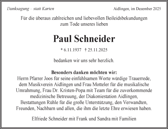 Traueranzeige von Paul Schneider von Kreiszeitung Böblinger Bote