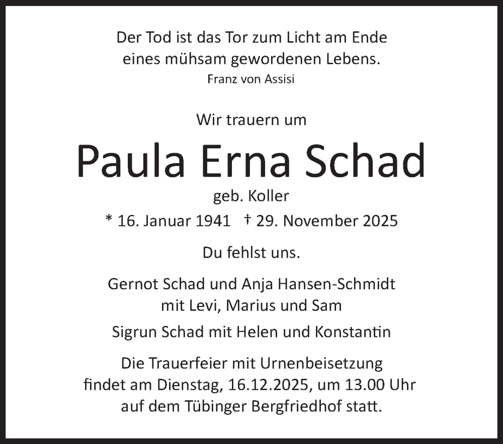  Traueranzeige für Paula Erna Schad vom 12.12.2025 aus Marbacher Zeitung