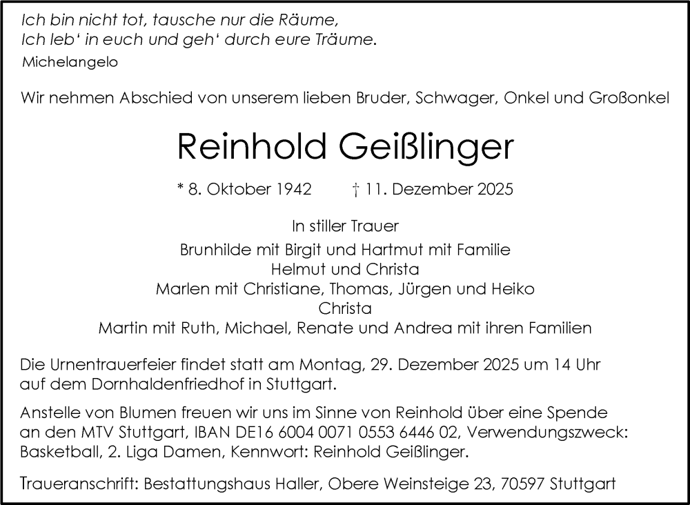  Traueranzeige für Reinhold Geißlinger vom 20.12.2025 aus Stuttgarter Zeitung / Stuttgarter Nachrichten