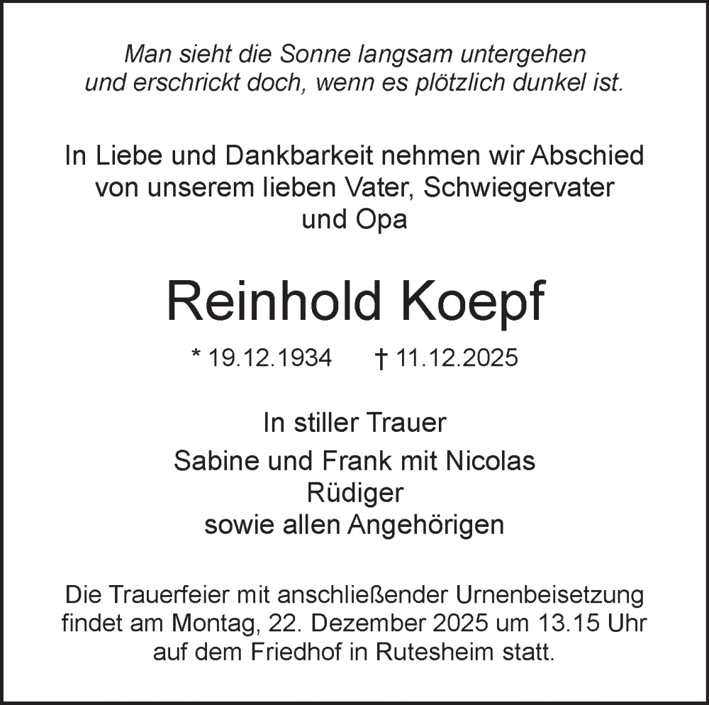  Traueranzeige für Reinhold Koepf vom 16.12.2025 aus Leonberger Kreiszeitung / Strohgäu Extra