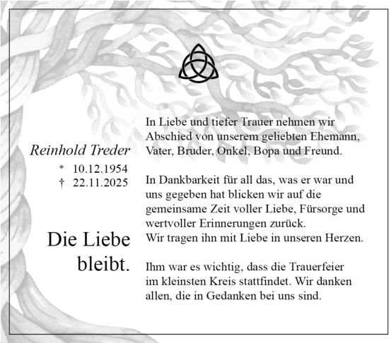 Traueranzeige von Reinhold Treder von Stuttgarter Zeitung / Stuttgarter Nachrichten