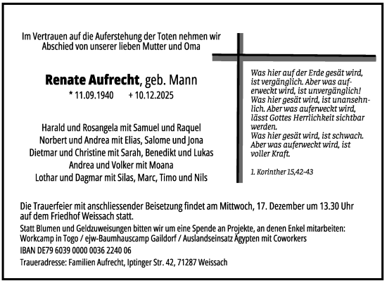 Traueranzeige von Renate Aufrecht von Leonberger Kreiszeitung / Strohgäu Extra