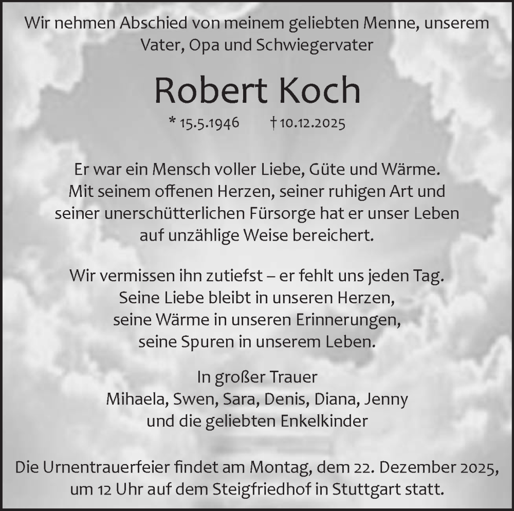  Traueranzeige für Robert Koch vom 18.12.2025 aus Stuttgarter Zeitung / Stuttgarter Nachrichten