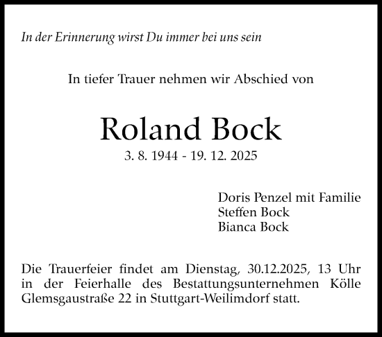 Traueranzeige von Roland Bock von Stuttgarter Zeitung / Stuttgarter Nachrichten