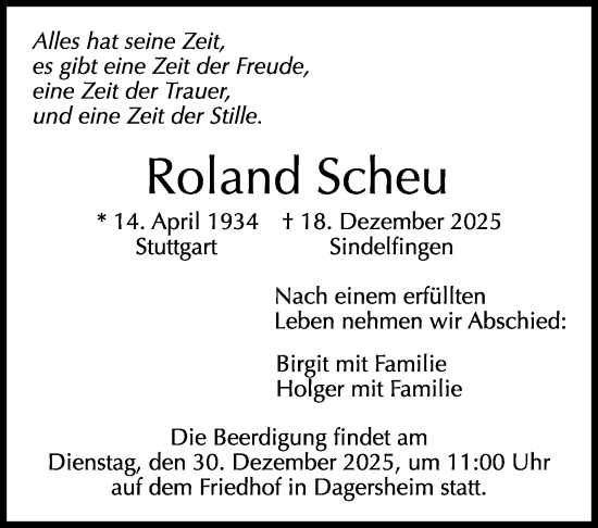 Traueranzeige von Roland Scheu von Kreiszeitung Böblinger Bote