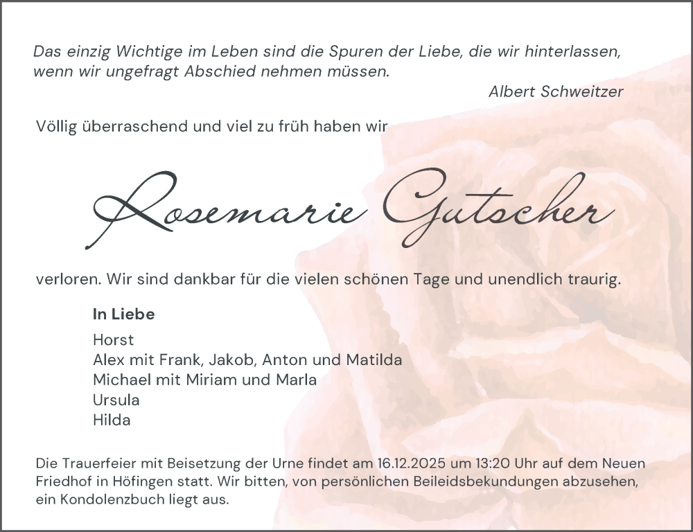  Traueranzeige für Rosemarie Gutscher vom 10.12.2025 aus Leonberger Kreiszeitung / Strohgäu Extra