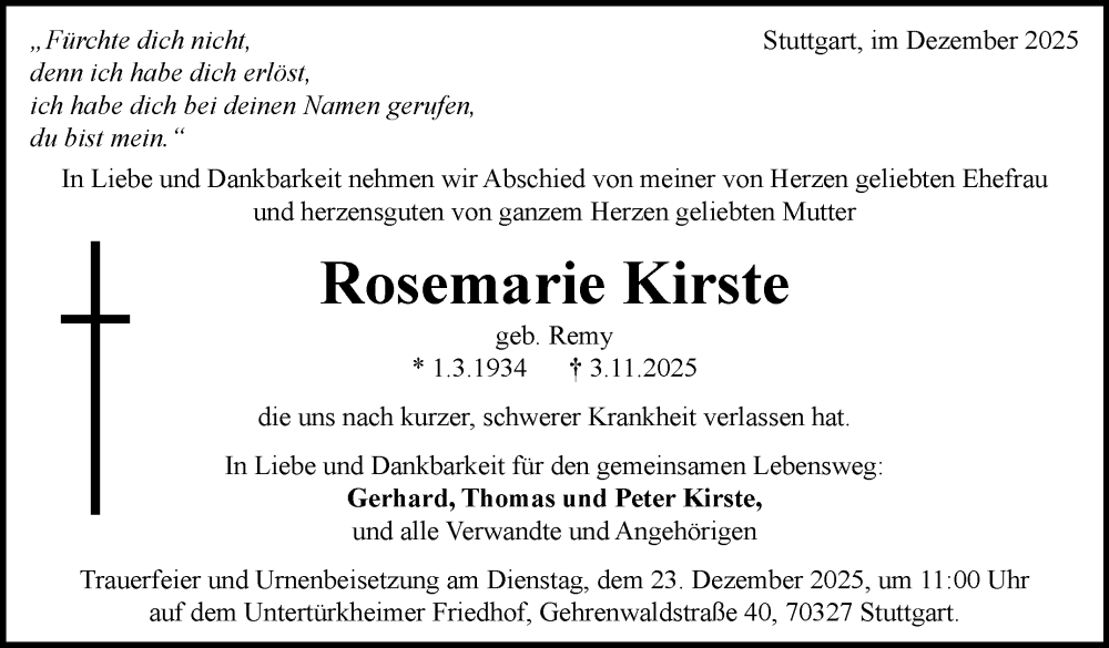  Traueranzeige für Rosemarie Kirste vom 20.12.2025 aus Stuttgarter Zeitung / Stuttgarter Nachrichten