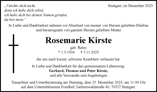 Traueranzeige von Rosemarie Kirste von Stuttgarter Zeitung / Stuttgarter Nachrichten