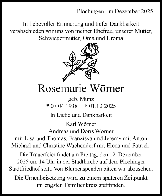 Traueranzeige von Rosemarie Wörner von Eßlinger Zeitung