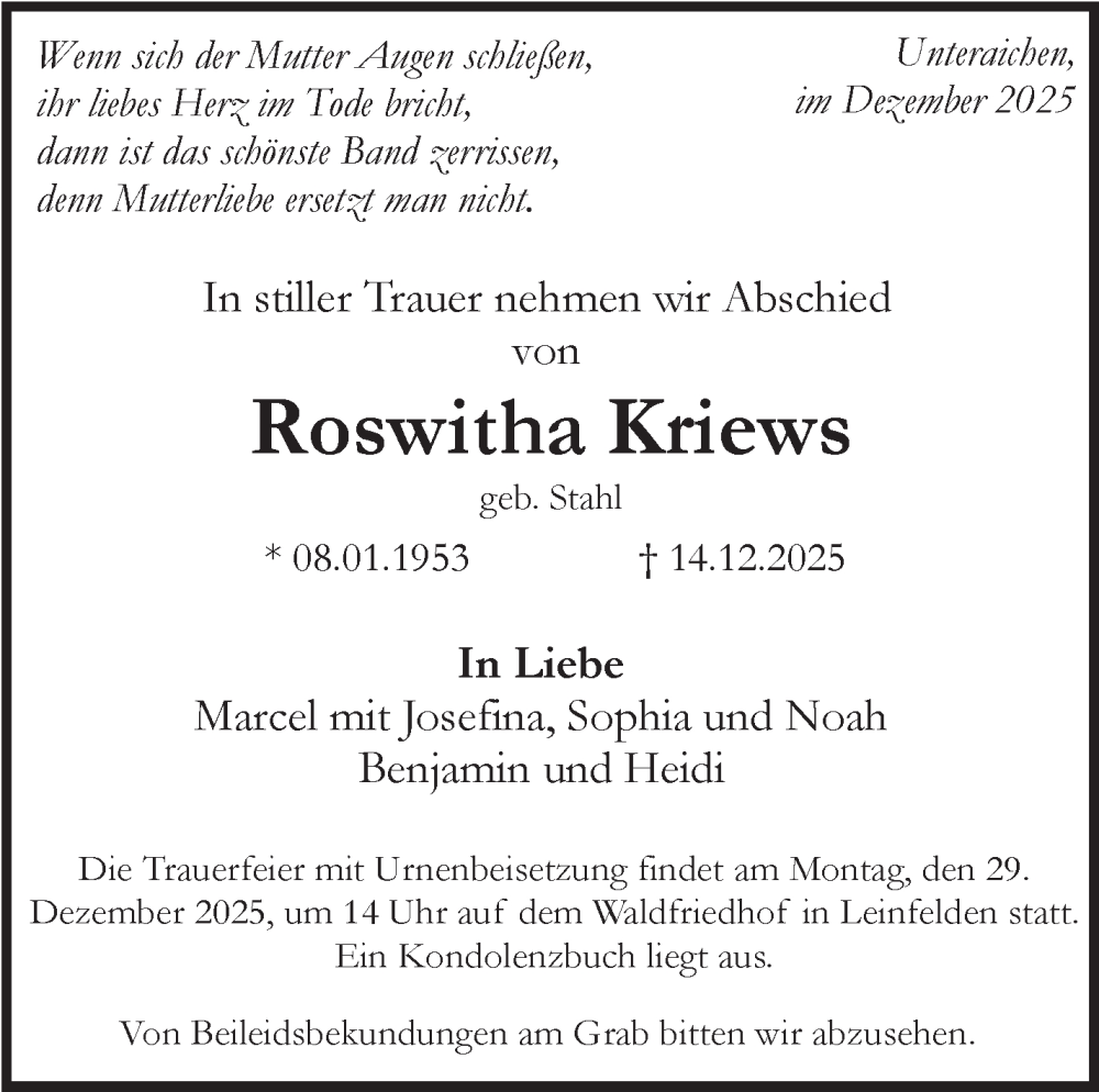  Traueranzeige für Roswitha Kriews vom 23.12.2025 aus Eßlinger Zeitung