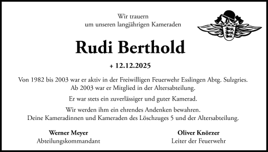 Traueranzeige von Rudi Berthold von Eßlinger Zeitung