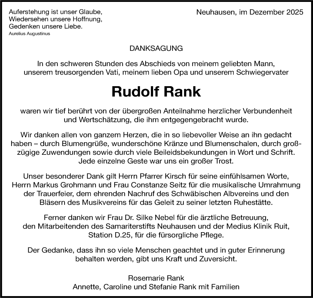  Traueranzeige für Rudolf Rank vom 13.12.2025 aus Eßlinger Zeitung