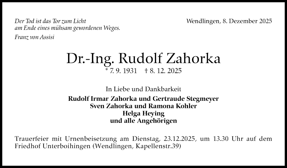  Traueranzeige für Rudolf Zahorka vom 20.12.2025 aus Stuttgarter Zeitung / Stuttgarter Nachrichten