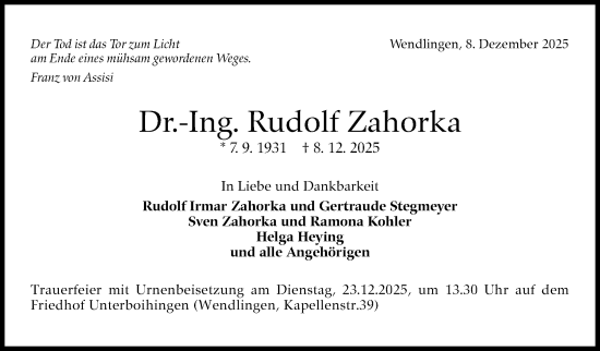 Traueranzeige von Rudolf Zahorka von Stuttgarter Zeitung / Stuttgarter Nachrichten