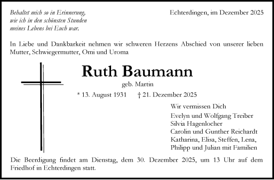 Traueranzeige von Ruth Baumann von Eßlinger Zeitung