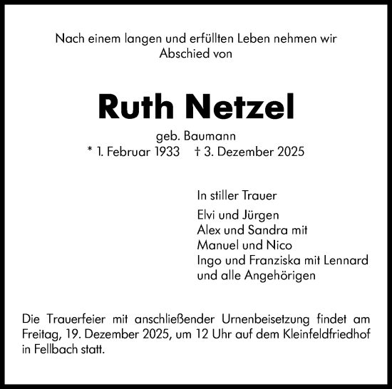 Traueranzeige von Ruth Netzel von Stuttgarter Zeitung / Stuttgarter Nachrichten