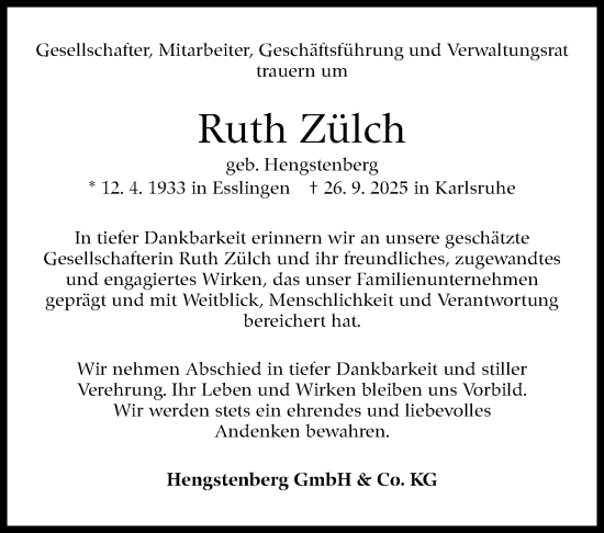 Traueranzeige von Ruth Zülch von Eßlinger Zeitung