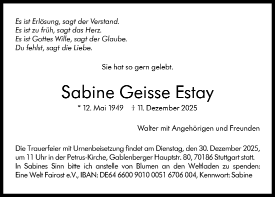Traueranzeige von Sabine Geisse Estay von Stuttgarter Zeitung / Stuttgarter Nachrichten
