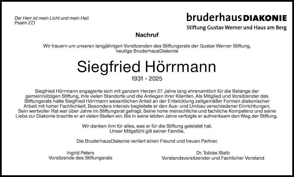  Traueranzeige für Siegfried Hörrmann vom 17.12.2025 aus Stuttgarter Zeitung / Stuttgarter Nachrichten
