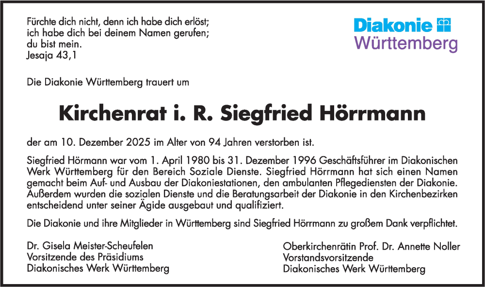  Traueranzeige für Siegfried Hörrmann vom 17.12.2025 aus Stuttgarter Zeitung / Stuttgarter Nachrichten