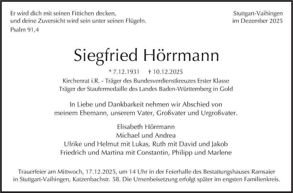  Traueranzeige für Siegfried Hörrmann vom 13.12.2025 aus Stuttgarter Zeitung / Stuttgarter Nachrichten