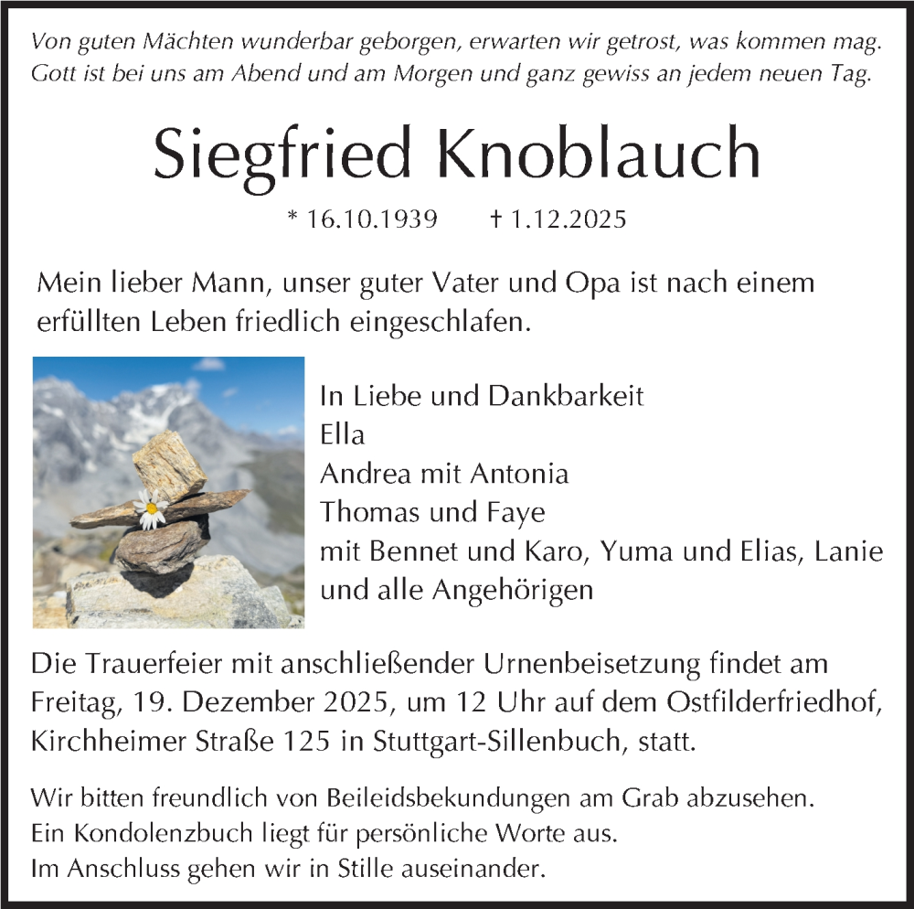 Traueranzeige für Siegfried Knoblauch vom 13.12.2025 aus Stuttgarter Zeitung / Stuttgarter Nachrichten
