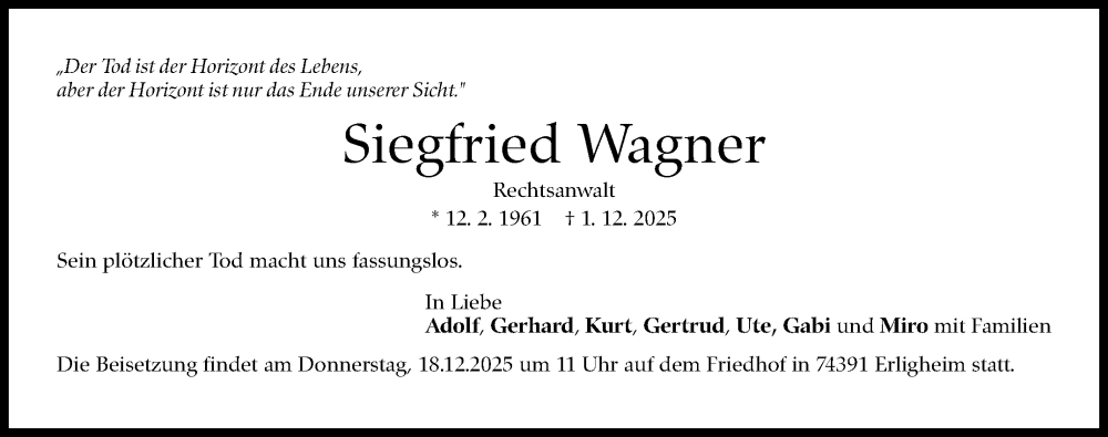 Traueranzeige für Siegfried Wagner vom 13.12.2025 aus Leonberger Kreiszeitung / Strohgäu Extra
