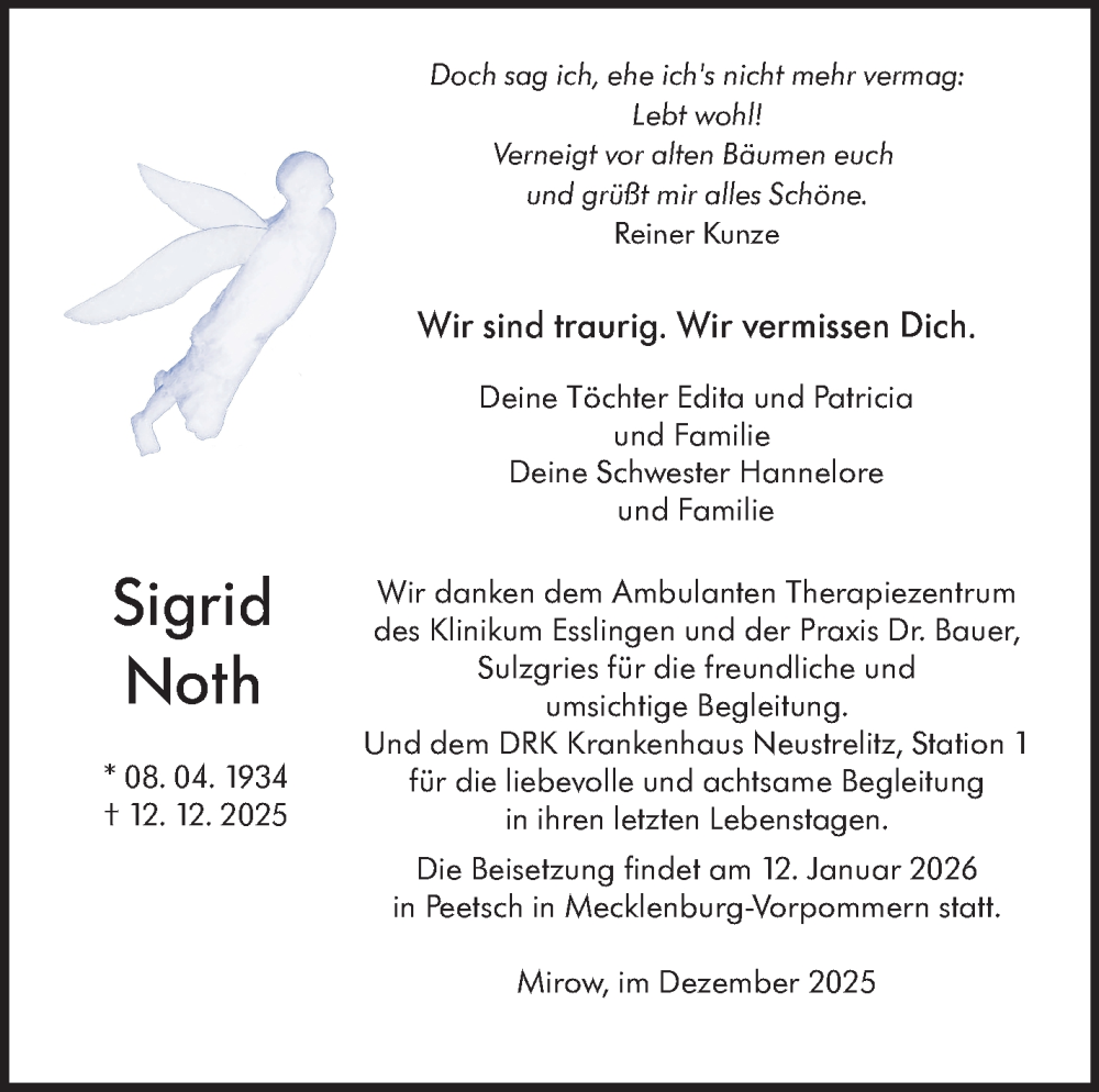  Traueranzeige für Sigrid Noth vom 20.12.2025 aus Eßlinger Zeitung
