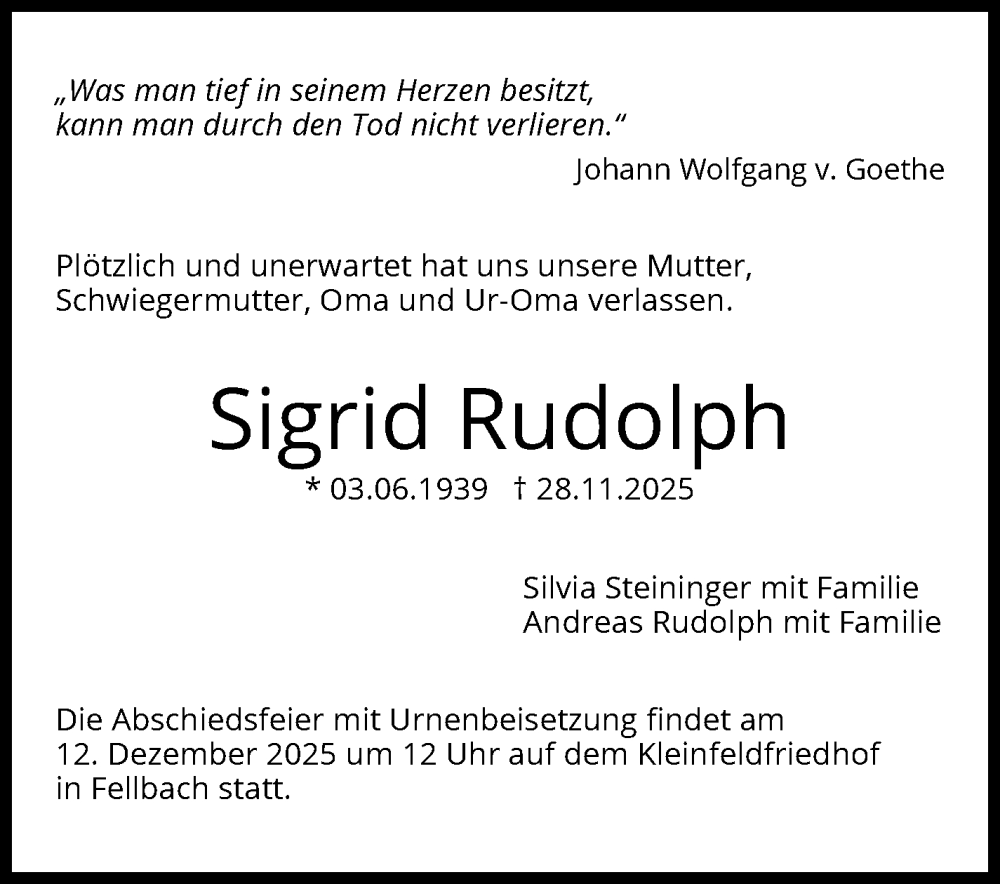  Traueranzeige für Sigrid Rudolph vom 08.12.2025 aus Stuttgarter Zeitung / Stuttgarter Nachrichten