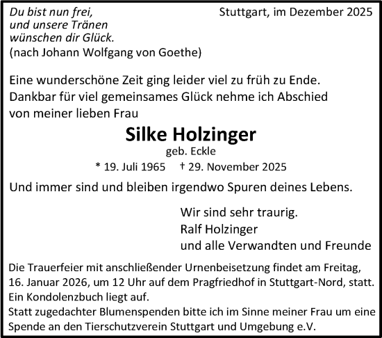 Traueranzeige von Silke Holzinger von Stuttgarter Zeitung / Stuttgarter Nachrichten