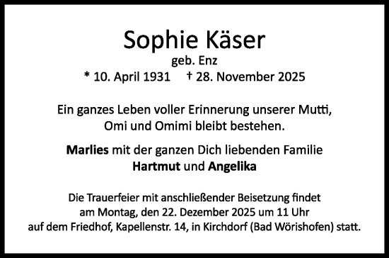Traueranzeige von Sophie Käser von Stuttgarter Zeitung / Stuttgarter Nachrichten