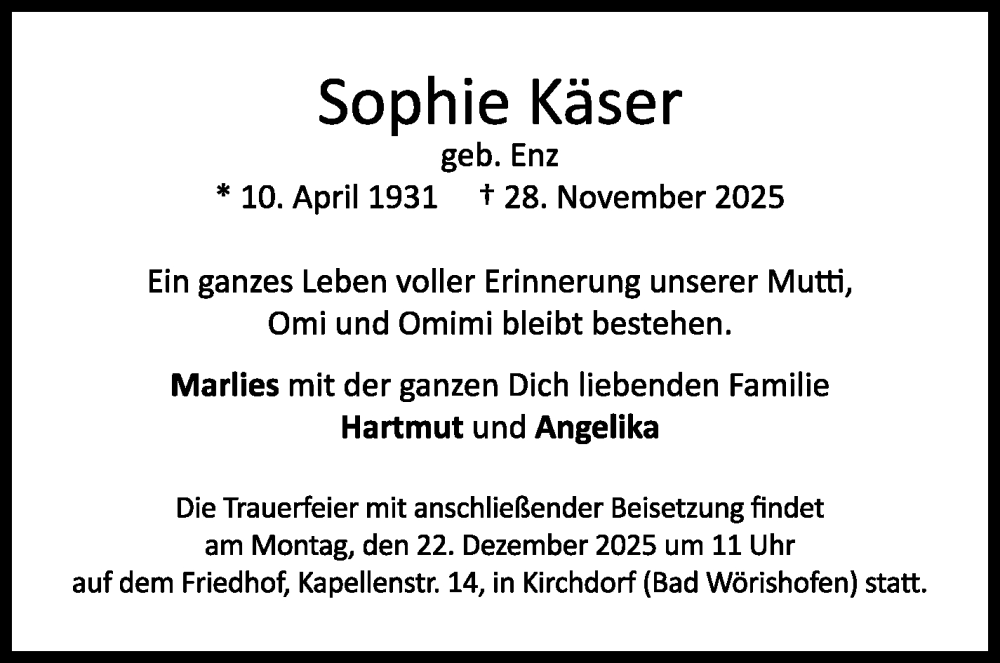  Traueranzeige für Sophie Käser vom 13.12.2025 aus Stuttgarter Zeitung / Stuttgarter Nachrichten