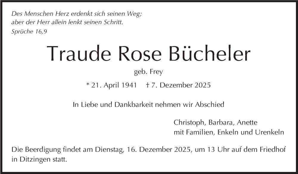  Traueranzeige für Traude Rose Bücheler vom 13.12.2025 aus Stuttgarter Zeitung / Stuttgarter Nachrichten