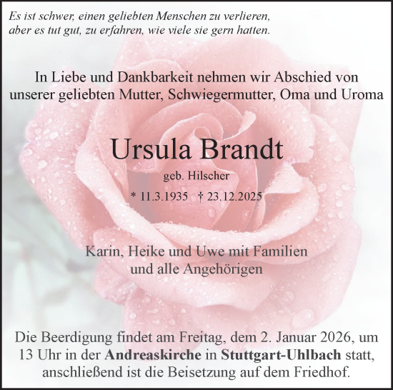 Traueranzeige von Ursula Brandt von Stuttgarter Zeitung / Stuttgarter Nachrichten