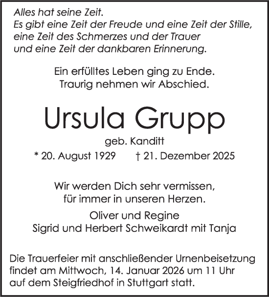 Traueranzeige von Ursula Grupp von Stuttgarter Zeitung / Stuttgarter Nachrichten