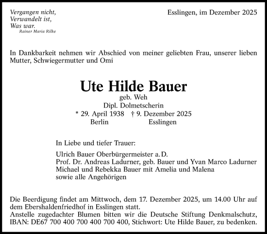 Traueranzeige von Ute Hilde Bauer von Stuttgarter Zeitung / Stuttgarter Nachrichten