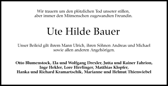 Traueranzeige von Ute Hilde Bauer von Eßlinger Zeitung