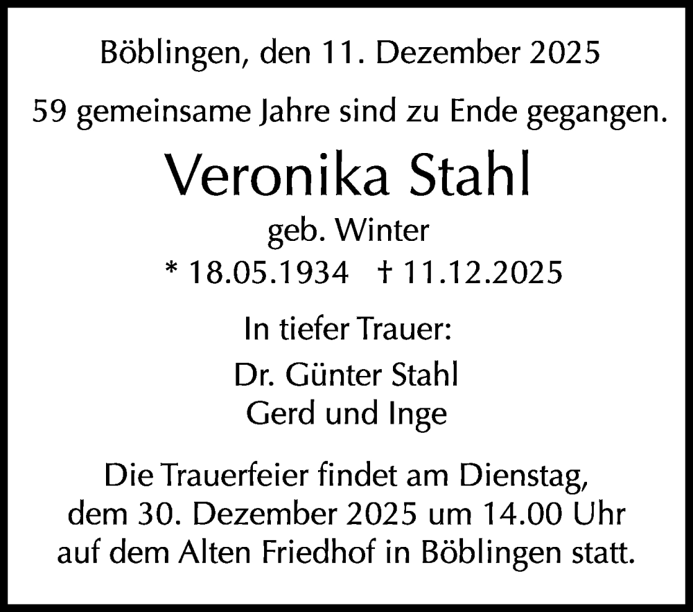  Traueranzeige für Veronika Stahl vom 16.12.2025 aus Kreiszeitung Böblinger Bote