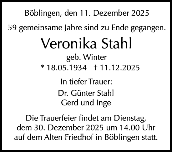 Traueranzeige von Veronika Stahl von Kreiszeitung Böblinger Bote