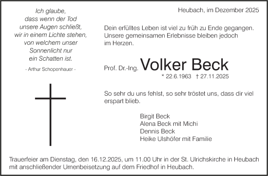 Traueranzeige von Volker Beck von Marbacher Zeitung