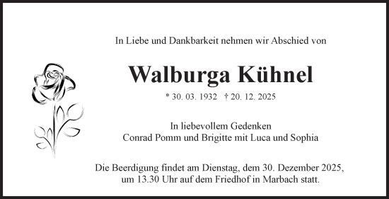 Traueranzeige von Walburga Kühnel von Marbacher Zeitung