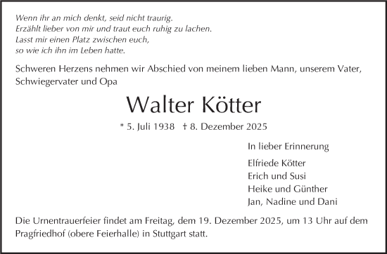 Traueranzeige von Walter Kötter von Stuttgarter Zeitung / Stuttgarter Nachrichten