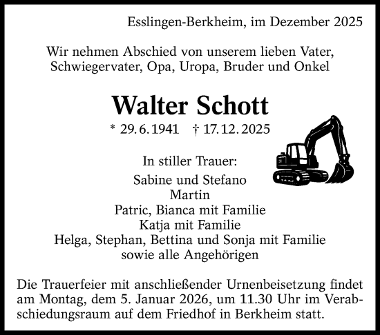 Traueranzeige von Walter Schott von Eßlinger Zeitung