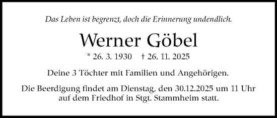 Traueranzeige von Werner Göbel von Stuttgarter Zeitung / Stuttgarter Nachrichten