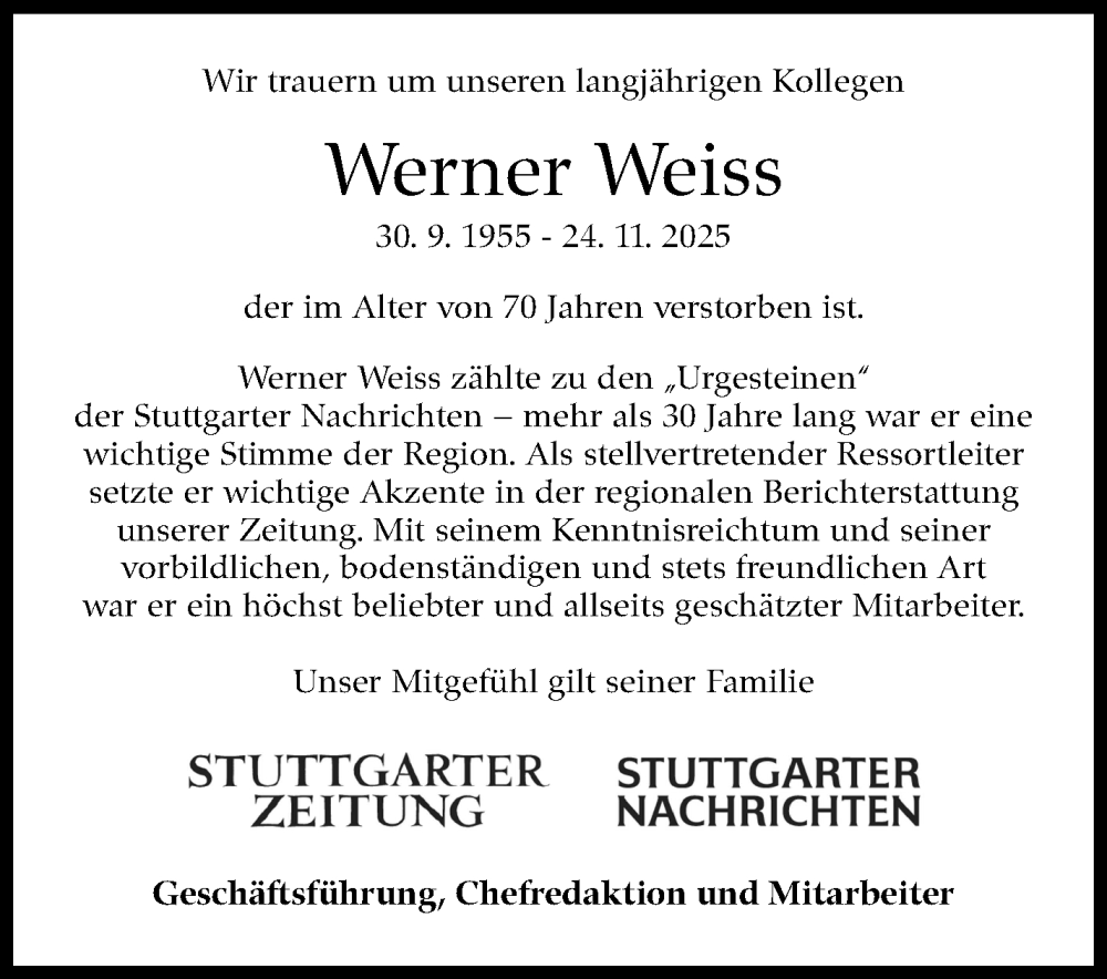  Traueranzeige für Werner Weiss vom 12.12.2025 aus Stuttgarter Zeitung / Stuttgarter Nachrichten