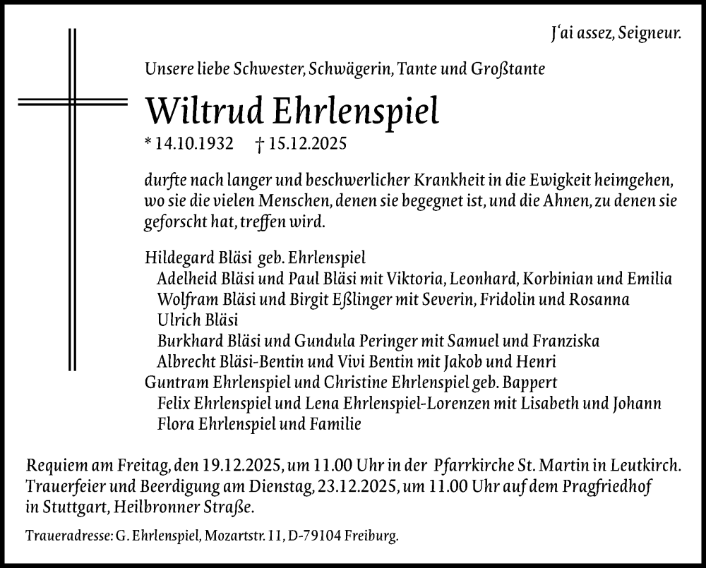  Traueranzeige für Wiltrud Ehrlenspiel vom 19.12.2025 aus Stuttgarter Zeitung / Stuttgarter Nachrichten